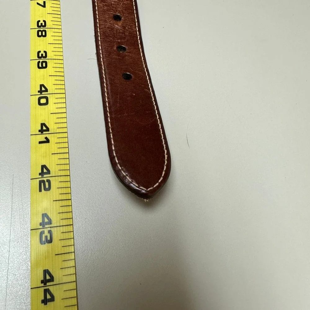 LL Bean Size 34 Woven Elastic Belt Brown Leather Brass Buckle Made in USA